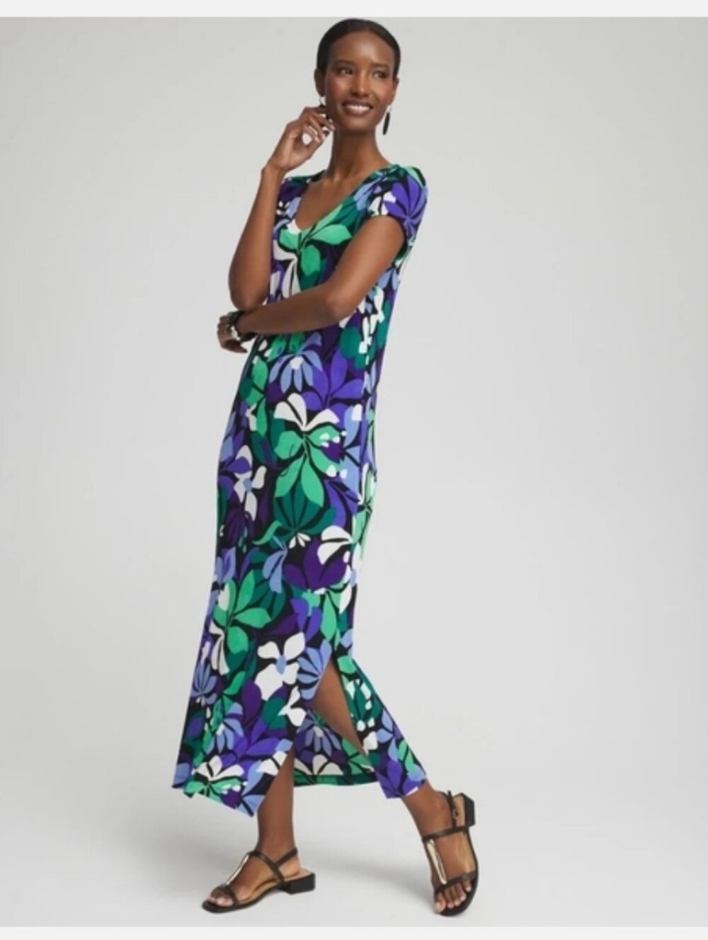 Chicos Travelers Coastline Floral V-Neck Maxi In Purple Nightshade